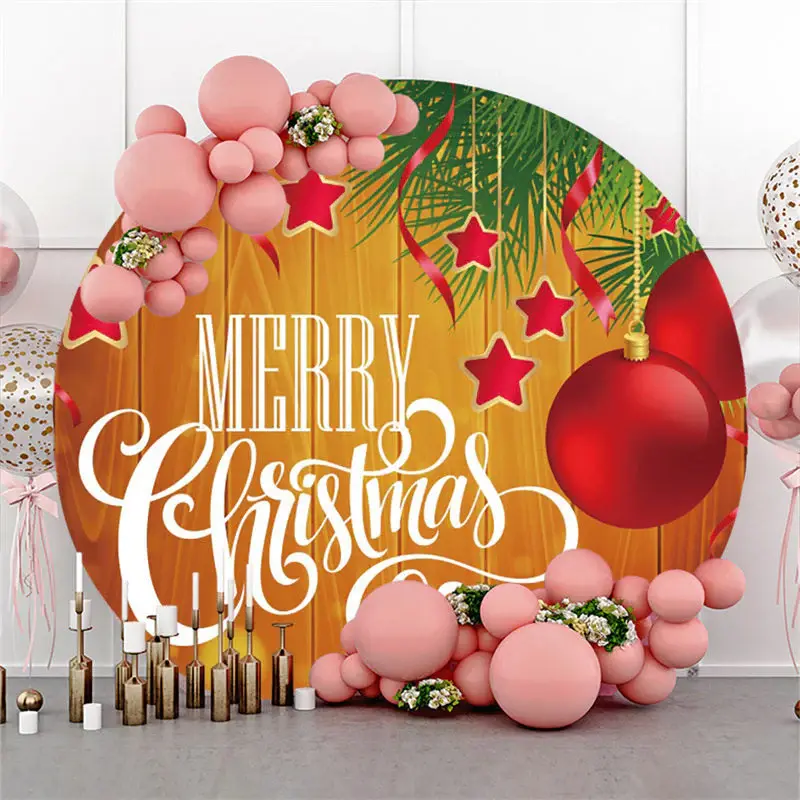 Red Christmas Ball Round Brown Wood Christmas Backdrop - Aperturee