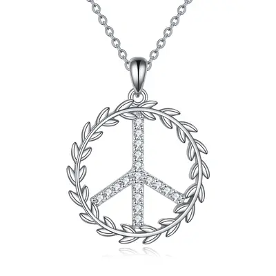 Sterling Silver Round Zircon Peace Symbol Pendant Necklace
