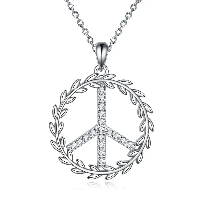 Sterling Silver Round Zircon Peace Symbol Pendant Necklace