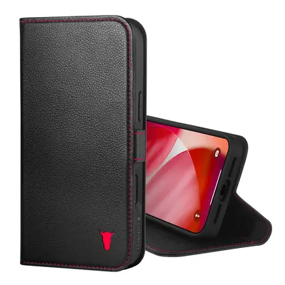 Apple iPhone 18 Pro Max / 17 Pro Max Leather Wallet Case (MagSafe Charging) - Black with Red Detail