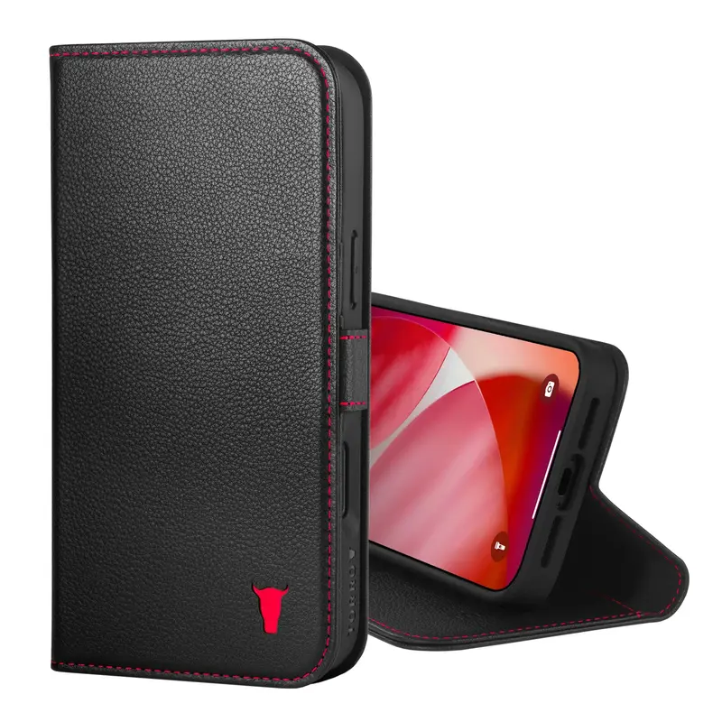Apple iPhone 18 Pro Max / 17 Pro Max Leather Wallet Case (MagSafe Charging) - Black with Red Detail