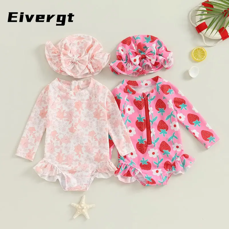 Baby Girl Swimsuits Summer Floral Print Ruffled Jumpsuit and Swim Cap Set for Toddler Bathing Suits Beachwear