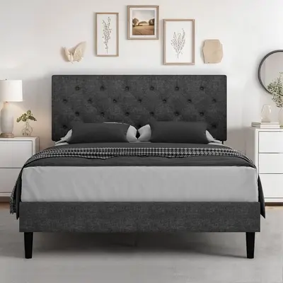 HOMBCK Bed Frame with Headboard, No Mattress, Soft Bed Frame, Wood Slats Support, Linen Fabric, Button Tufted Design, No Box ...