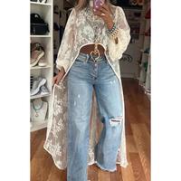 COTTEAN Women's Round Neck Lace Short Front and Long Back Casual Top