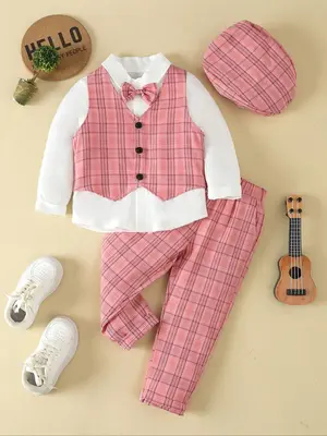Three-piece Set Boy's Bow Tie Button Front Shirt & Elastic Waist Pants & Plaid Print Vest Set with Hat, Long Sleeve Collared ...