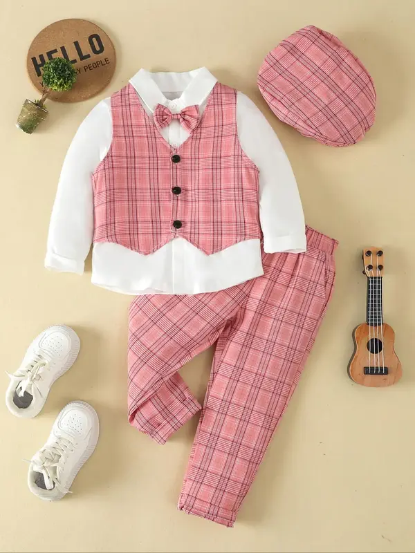 Three-piece Set Boy's Bow Tie Button Front Shirt & Elastic Waist Pants & Plaid Print Vest Set with Hat, Long Sleeve Collared ...