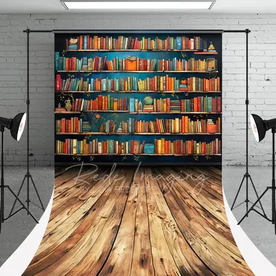 Bookshelf Wooden Floor Back To School Photo Backdrop - Aperturee