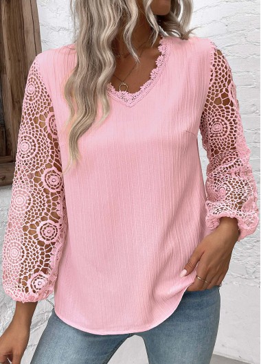 Modlily Light Pink Embroidery Long Sleeve V Neck Blouse - XL