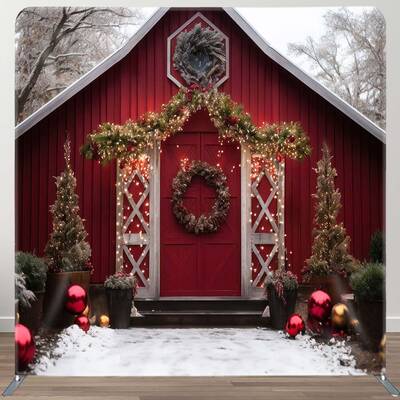 Aperturee Red Cabin Christmas Photo Booth Fabric Backdrop | Christmas Background Photography | Winter Wonderland Backdrop | C...
