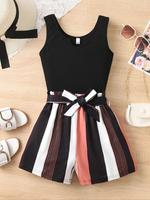 Two-piece Set Girl's Striped Print Tank Top & Belted Shorts Set, Casual Sleeveless Round Neck Top & Shorts Outfit for Summer,...