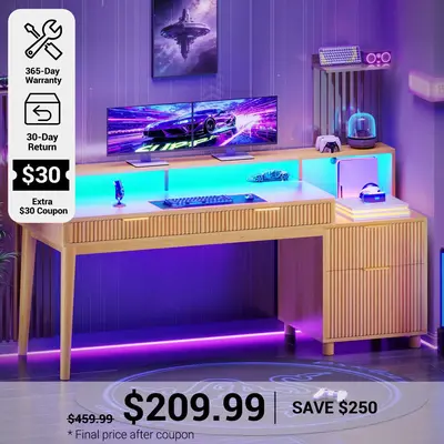 SEDETA 59 Inch Modern Office Desk with 4 Drawers Fluted Wood Gaming Computer Desk with Storage LED Lights and Power Strip Wri...