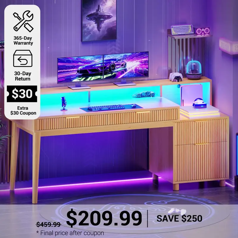 SEDETA 59 Inch Modern Office Desk with 4 Drawers Fluted Wood Gaming Computer Desk with Storage LED Lights and Power Strip Wri...