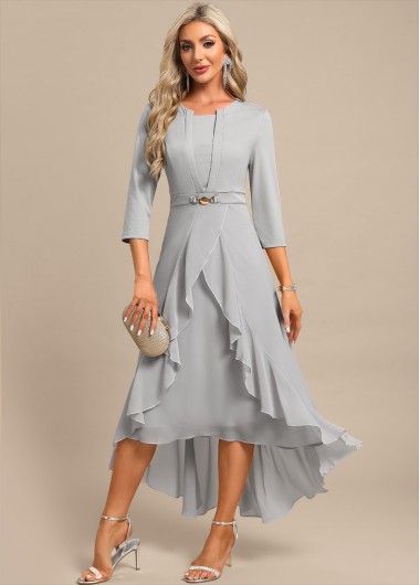 Modlily Light Grey Fake 2in1 High Low Split Neck Dress - L