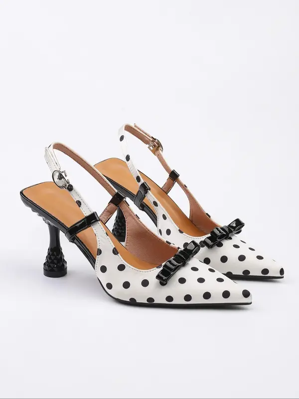 Women's Polka Dot Pattern Bow Decor Stiletto Heels, Elegant Pointed Toe Slingback High Heels for Party, Fashion Gorgeous Heel...