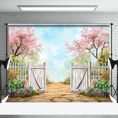 Floral Tree Blue Sky Stone Spring Backdrop For Photo - Aperturee
