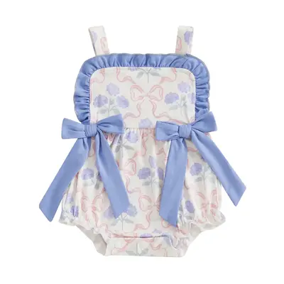 Baby Girl Romper for Summer Loose Fit Flower Bow Print Ruffled Trim Sleeveless Infant Jumpsuit
