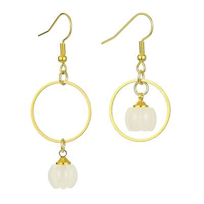 Natural White Jade Pumpkin with Ring Dangle Earrings