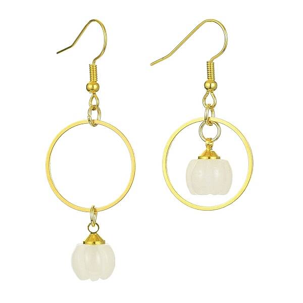 Natural White Jade Pumpkin with Ring Dangle Earrings