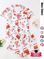 Women's Fried Chicken Print Shirt & Shorts Pyjama Two-piece Set, Casual Comfy Short Sleeve Collared Top & Shorts Pj Set, Ladi...