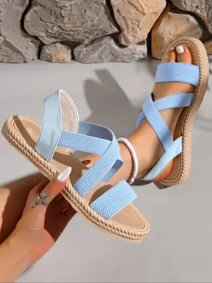 Women's Fashionable Plain Color Espadrilles Sandals, Casual Comfortable Flat Sandals for Beach Vacation, All-match Commuter S...