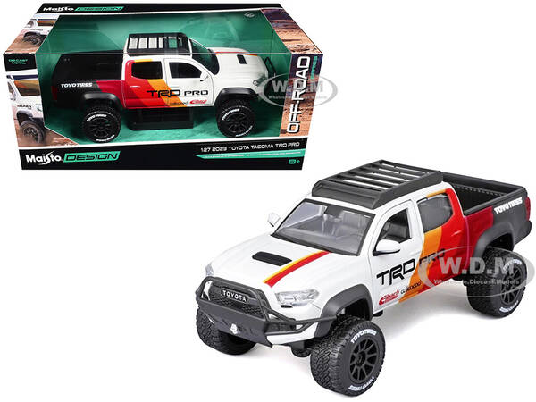 2023 Toyota Tacoma TRD PRO Off Road Pickup Truck White with Graphics and Roof Rack Maisto Design Series 1/27 Diecast Model ...