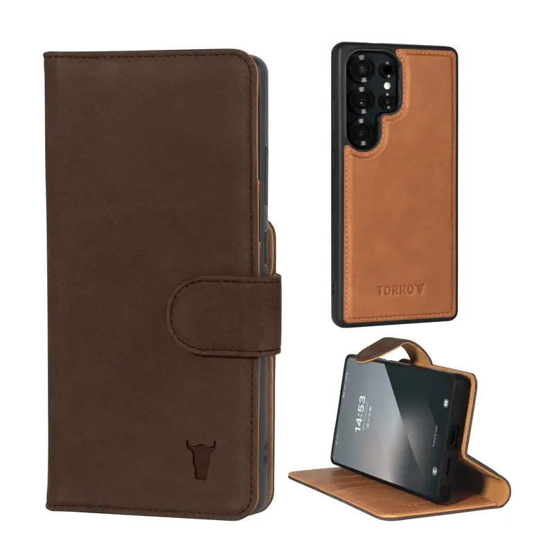 Samsung Galaxy S25 Ultra 2-in-1 Detachable Leather Wallet Case (Qi2/MagSafe Charging) - Nubuck / Dark Brown