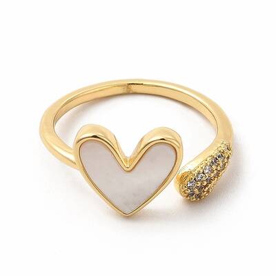 Natural Shell Heart Open Cuff Ring with Cubic Zirconia