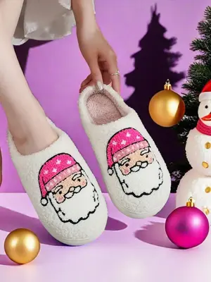 Women's Cute Cartoon Santa Claus Design Plush Slippers, Casual Soft Comfortable Home Slippers, Warm Slippers for Indoor & Out...