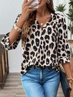 Women's Leopard Print Lapel Neck Blouse, Casual 3/4 Sleeve Top for Business Office Work, Ladies Clothes for All Seasons, Wome...