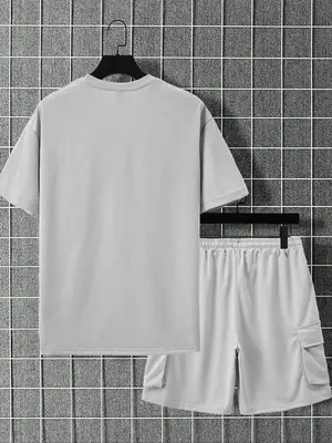 Men's Solid Drop Shoulder Tee & Shorts Set, Regular Fit Casual Fashion Cozy Breathable Short Sleeve T-shirt & Shorts for Dail...