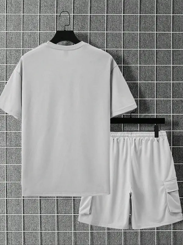 Men's Solid Drop Shoulder Tee & Shorts Set, Regular Fit Casual Fashion Cozy Breathable Short Sleeve T-shirt & Shorts for Dail...