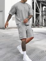Men's Solid Drop Shoulder Tee & Shorts Set, Regular Fit Casual Fashion Oversized Cozy Breathable Short Sleeve T-shirt & Short...