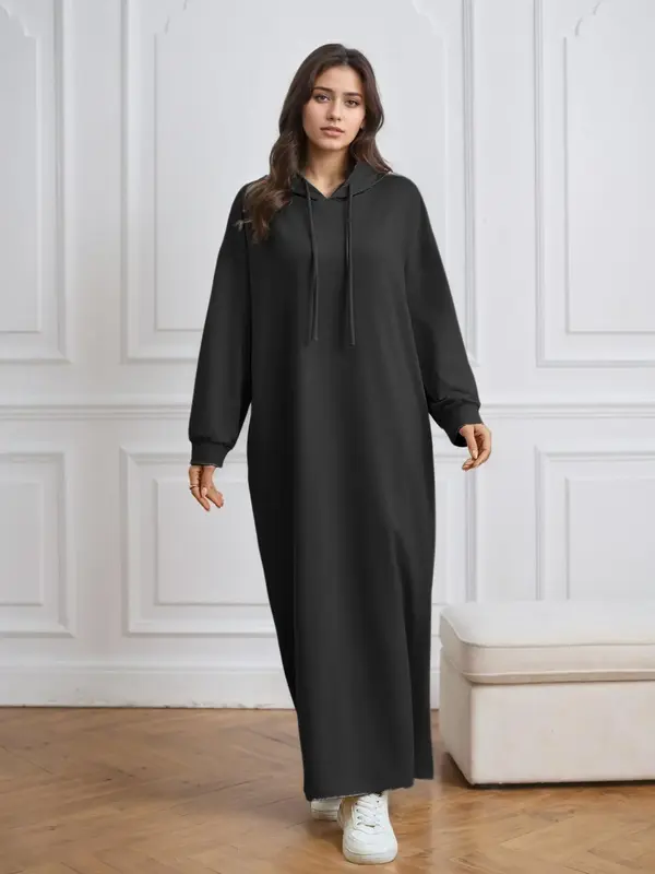 Women's Solid Color Long Sleeve Dress, Elegant Fashion Casual Dress for Daily Outdoor Wear, Women's Islamic Clothing for Rama...