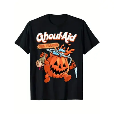 Men's Halloween Ghoul Aid Pumpkin Graphic T-Shirt - 100% Cotton, Short Sleeve, Crew Neck for Casual Wear Menswear Top Black S...