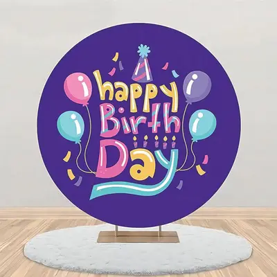 Purple Balloon Hat Ribbon Round Birthday Backdrop - Aperturee