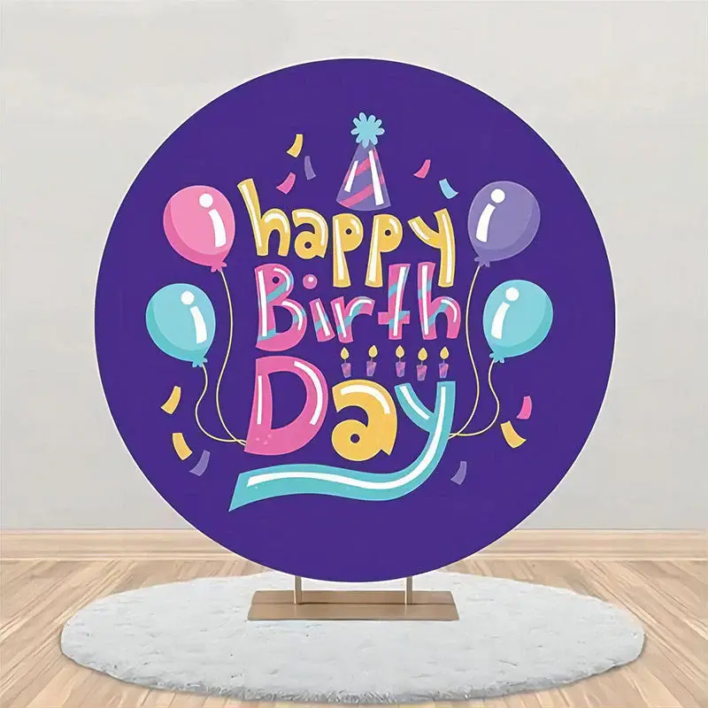 Purple Balloon Hat Ribbon Round Birthday Backdrop - Aperturee