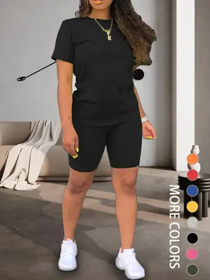 Two-piece Set Women's Plain Round Neck Tee & Skinny Shorts Set, Summer Clothes Women, Short Sleeve Crew Neck T-shirt & Shorts...