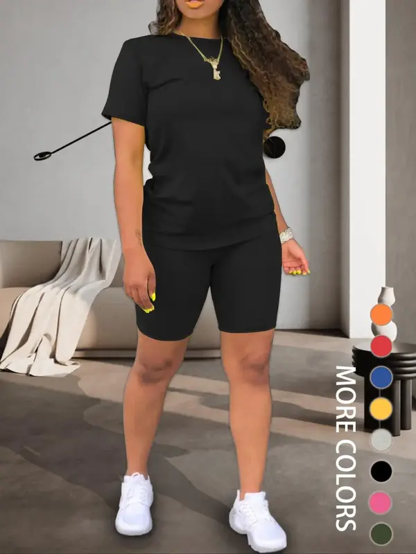 Two-piece Set Women's Plain Round Neck Tee & Skinny Shorts Set, Summer Clothes Women, Short Sleeve Crew Neck T-shirt & Shorts...