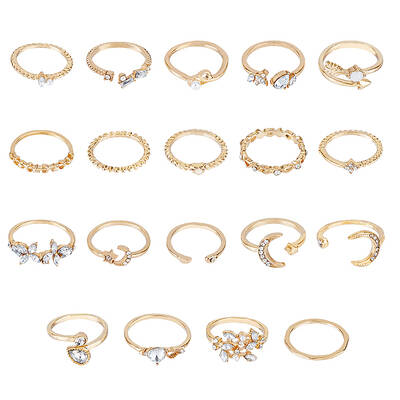 19Pcs 19 Style Alloy Open Cuff Rings Set with Rhinestone