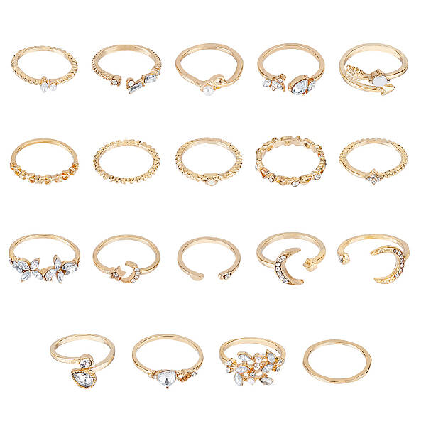 19Pcs 19 Style Alloy Open Cuff Rings Set with Rhinestone