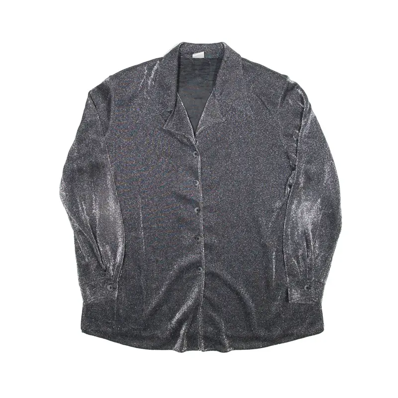 NATALIA Mesh Button-Up Silver Collared Long Sleeve Womens XL