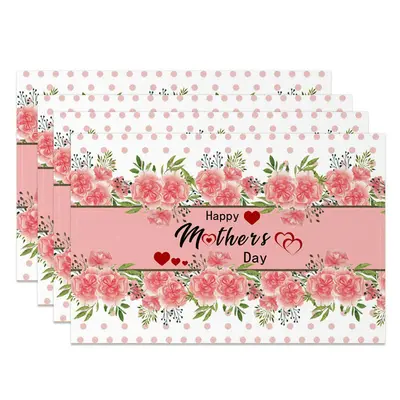 Pink Floral Dot Heart Mothers Day Set Of 4 Placemats - Aperturee
