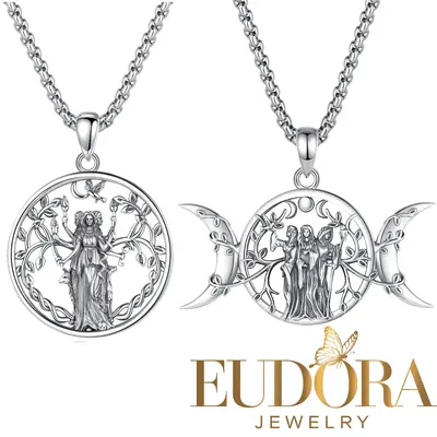 EUDORA 925 Sterling Silver Hecate Amulet Triple Moon Goddess Pendant, Divine Protection Entwined Tree of Life Necklace, Ritua...