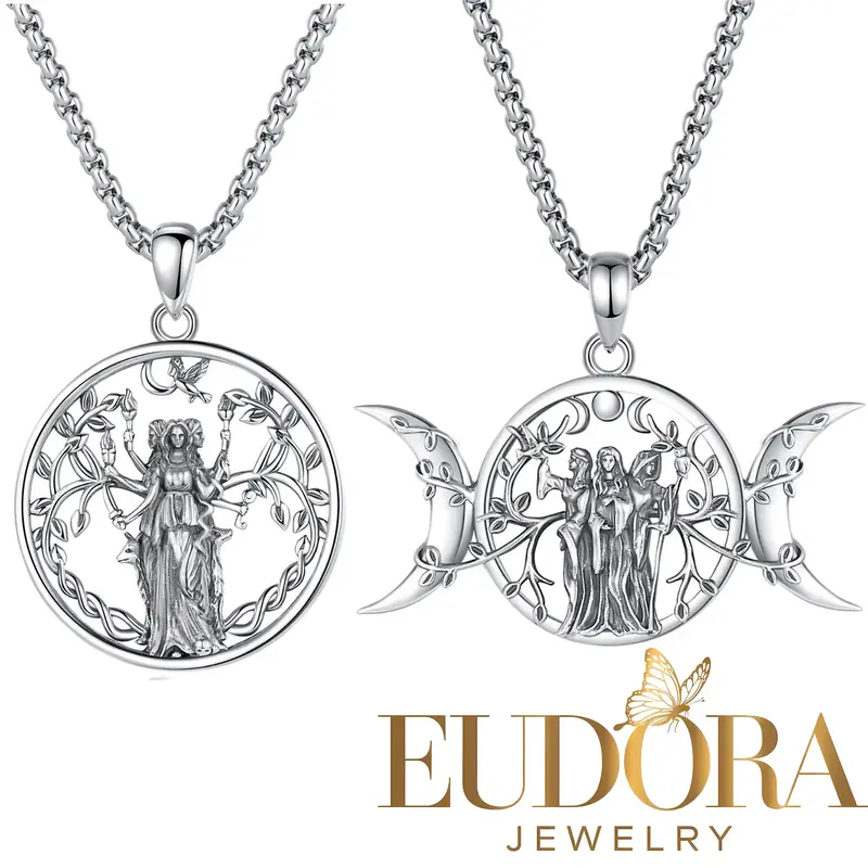 EUDORA 925 Sterling Silver Hecate Amulet Triple Moon Goddess Pendant, Divine Protection Entwined Tree of Life Necklace, Ritua...