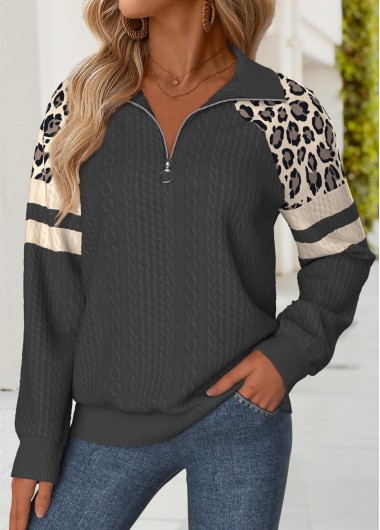 Modlily Dark Grey Tummy Coverage Leopard Long Sleeve Sweatshirt - L