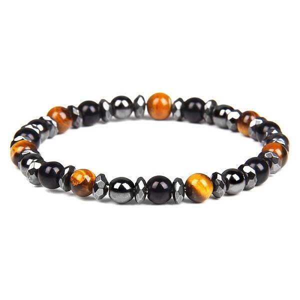 Non-magnetic Synthetic Hematite and Natural Tiger Eye Beaded Stretch Bracelets for Men
