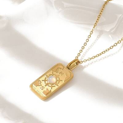 304 Stainless Steel Pave Opalite Rectangle Pendant Necklaces for Women Men