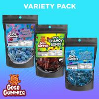 Goso Gummies 18oz Flavor Bomb Trio – Cotton Candy, Spicy Chamoy, & Blue Razz Gusher Bombs