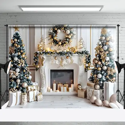 Aperturee White Fireplace Candles Silver Garland Xmas Backdrop - Aperturee