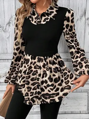 Women's Leopard Print Patchwork Colorblock Button Front Bishop Sleeve Blouse, Elegant Casual Long Sleeve Collared Top for Spr...